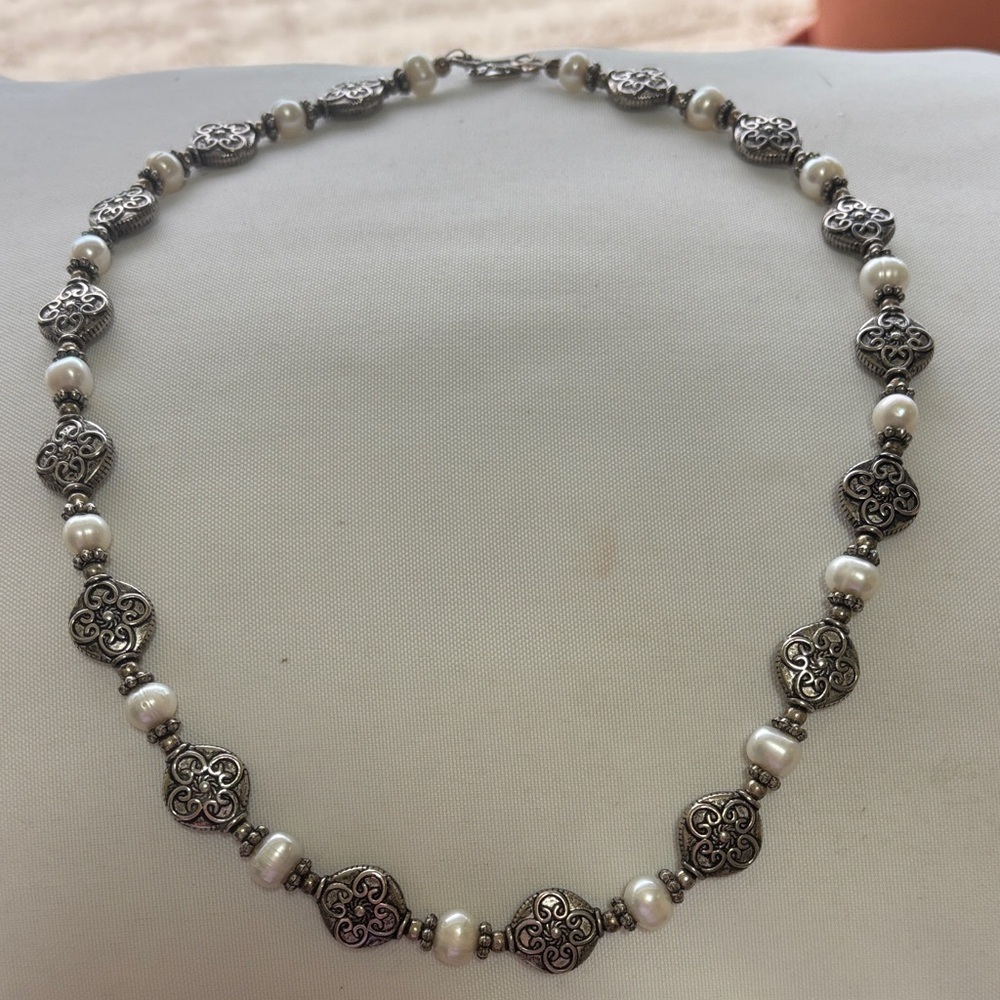 Silver Filigree and White Pearl Necklace